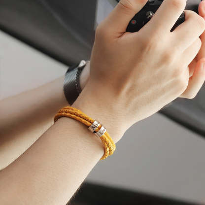 Men Braided Leather Bracelet with Small Custom Beads