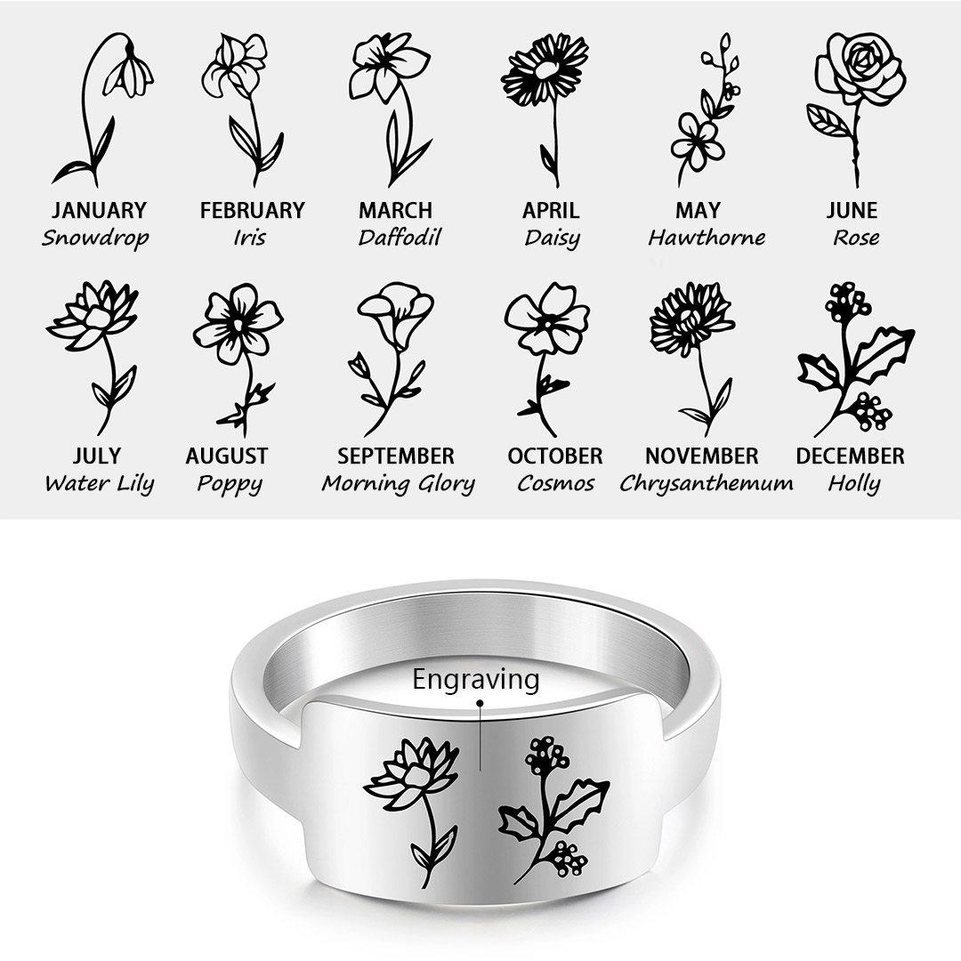 Mom's Gift Personalized Rings Custom Family's Birth Flower Ring