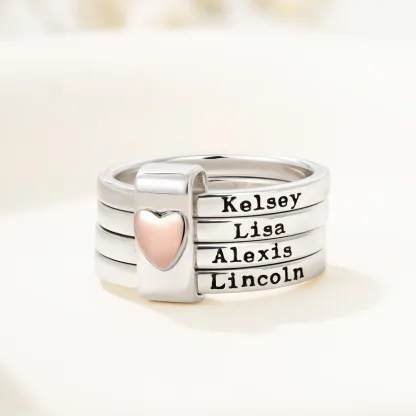 Personalized Sterling Silver Heart Women Stacking Rings with Engraved 2-7 Names Family Jewelry Mother's Day Birthday Gift for Mom Grandma