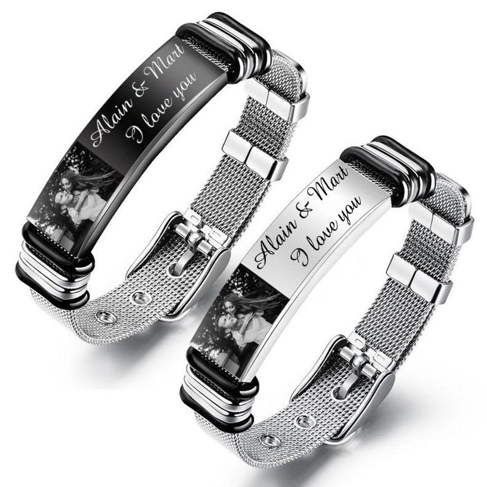Christmas Gift Personalized Men Photo Bracelet Engraved ID Bar Bracelet