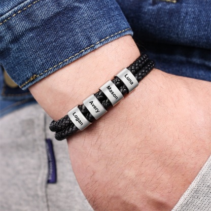 Men Leather Bracelet with Engraved Beads Custom Two Layers Bracelet Black