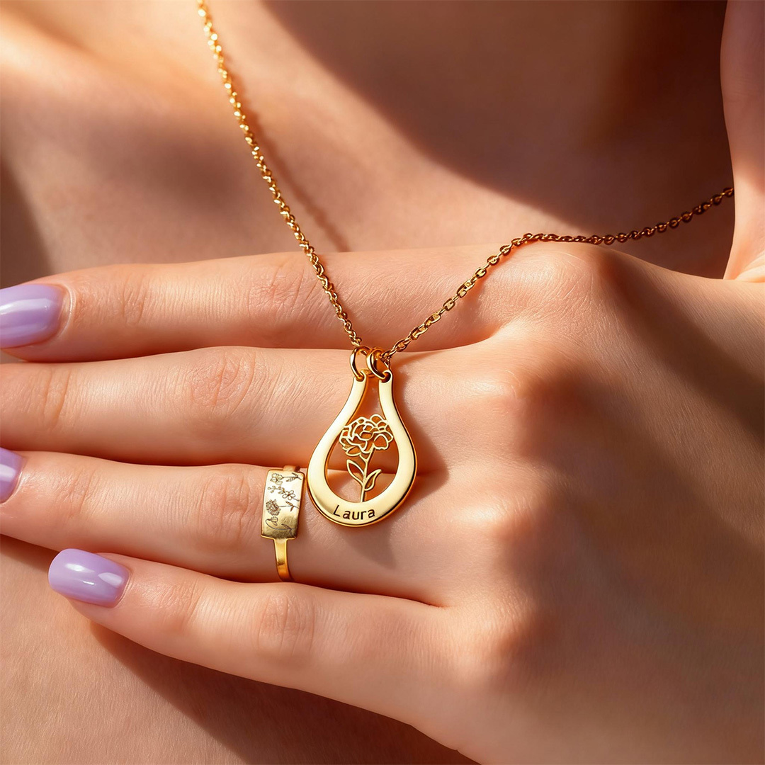 Mom's Gift Personalized Birth Flower Name Ring-Holder Necklace