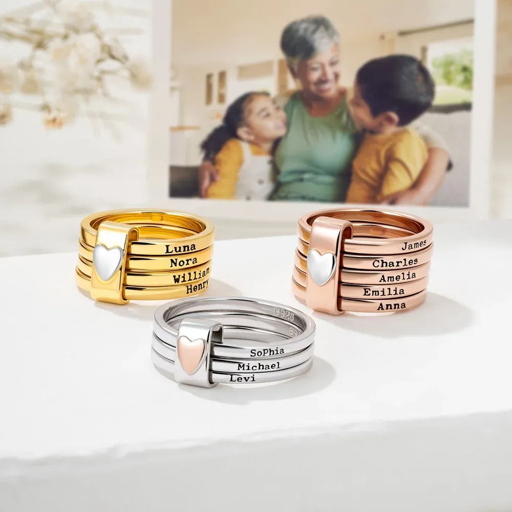 Personalized Sterling Silver Heart Women Stacking Rings with Engraved 2-7 Names Family Jewelry Mother's Day Birthday Gift for Mom Grandma