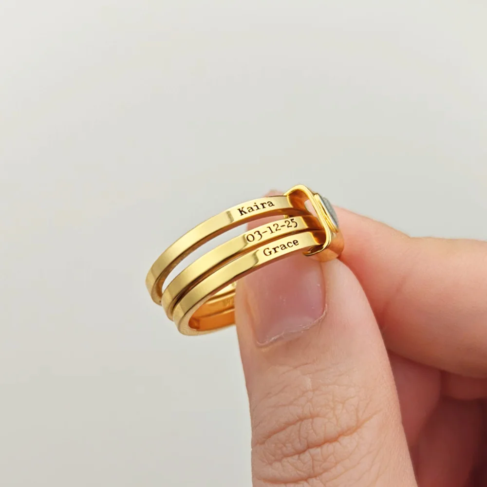 Personalized Sterling Silver Heart Women Stacking Rings with Engraved 2-7 Names Family Jewelry Mother's Day Birthday Gift for Mom Grandma