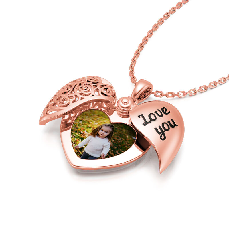 "Love You" Vintage Locket Heart Personalized Sterling Silver Photo Necklace