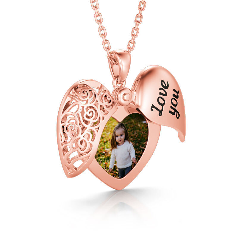 "Love You" Vintage Locket Heart Personalized Sterling Silver Photo Necklace