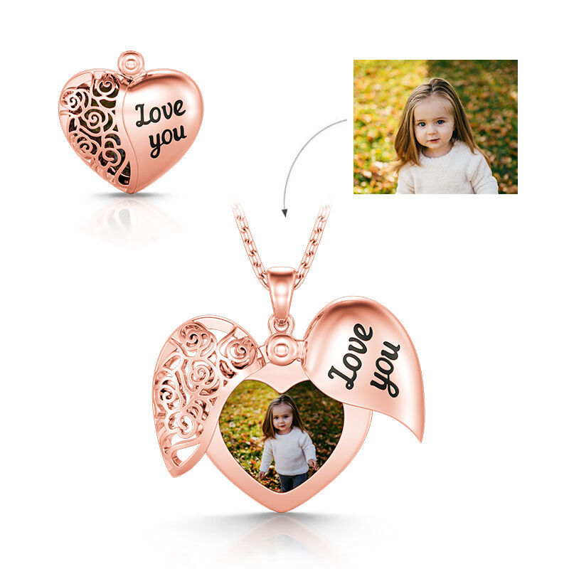 "Love You" Vintage Locket Heart Personalized Sterling Silver Photo Necklace