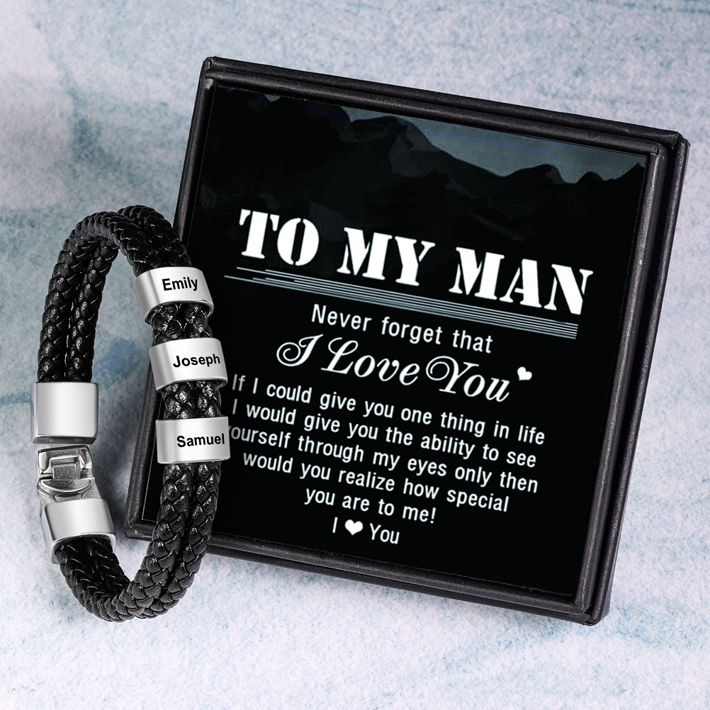 Men Leather Bracelet with Engraved Beads Custom Two Layers Bracelet Black