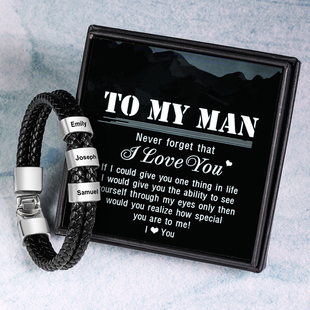 Men Leather Bracelet with Engraved Beads Custom Two Layers Bracelet Black