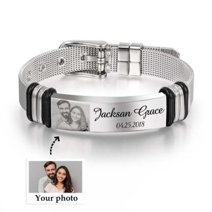 Christmas Gift Personalized Men Photo Bracelet Engraved ID Bar Bracelet