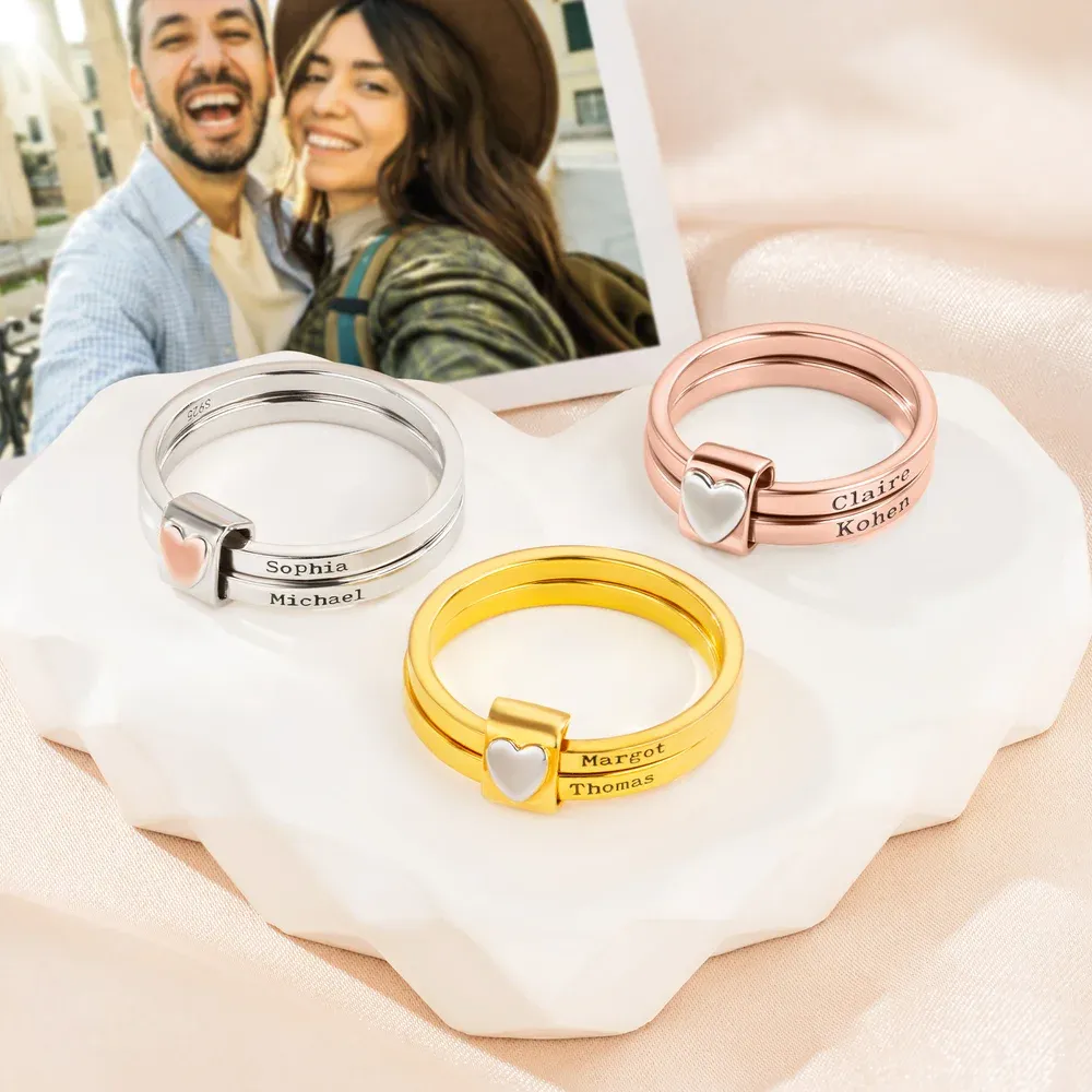 Personalized Sterling Silver Heart Women Stacking Rings with Engraved 2-7 Names Family Jewelry Mother's Day Birthday Gift for Mom Grandma