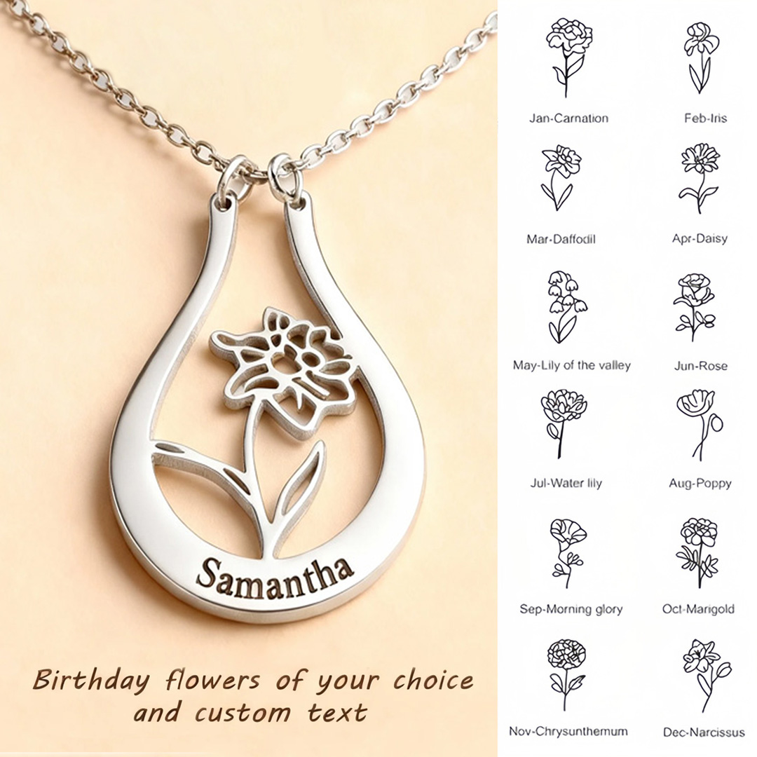 A Mother's Set - 2 in 1 Personalized Birth Flower Ring Holder Name Necklace