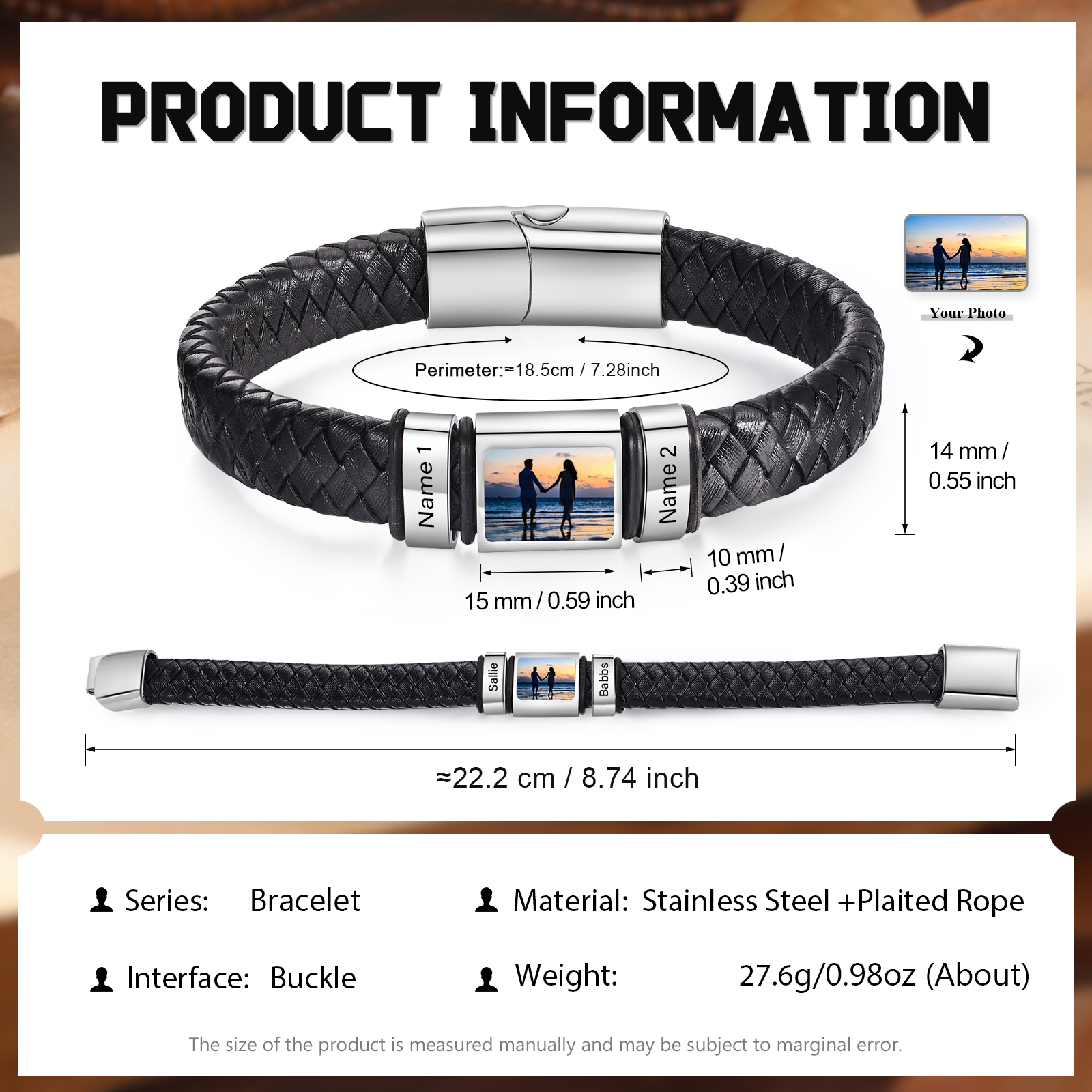 Personalized Men's Leather Bracelet Custom 1 Photo & 1–6 Names Black Silver Gifts for Him