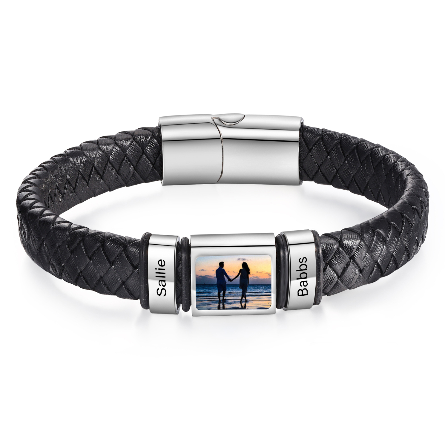 Personalized Men's Leather Bracelet Custom 1 Photo & 1–6 Names Black Silver Gifts for Him
