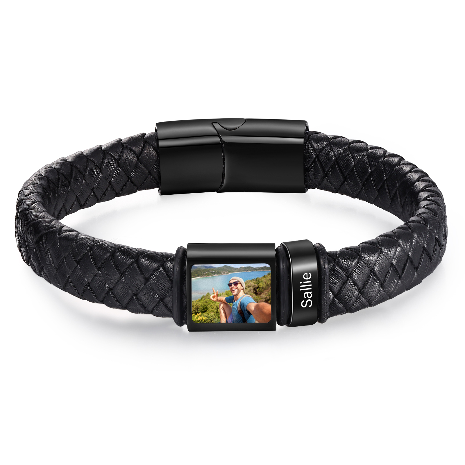 Personalized Men's Leather Bracelet Custom 1 Photo & 1–6 Names Black Silver Gifts for Him