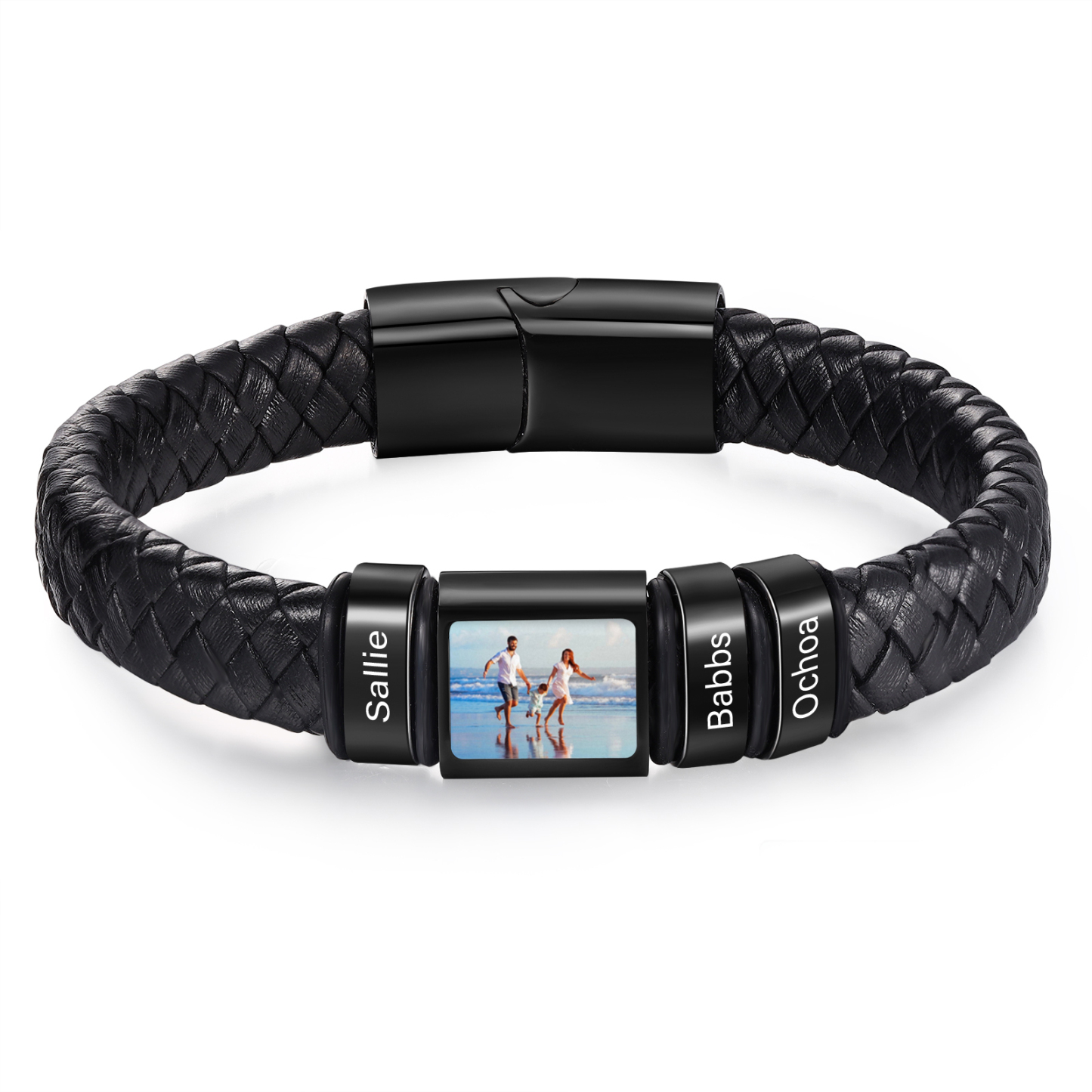 Personalized Men's Leather Bracelet Custom 1 Photo & 1–6 Names Black Silver Gifts for Him