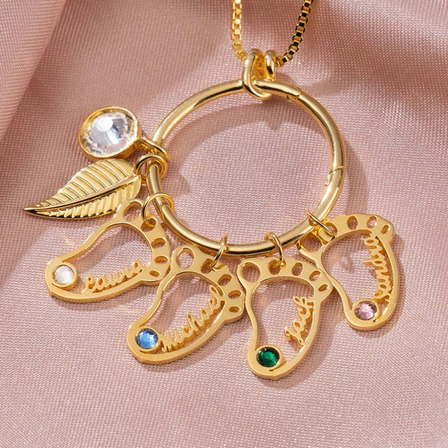 Christmas Gift Personalized Circle Hollow Baby Feet Shape Pendants with Birthstones