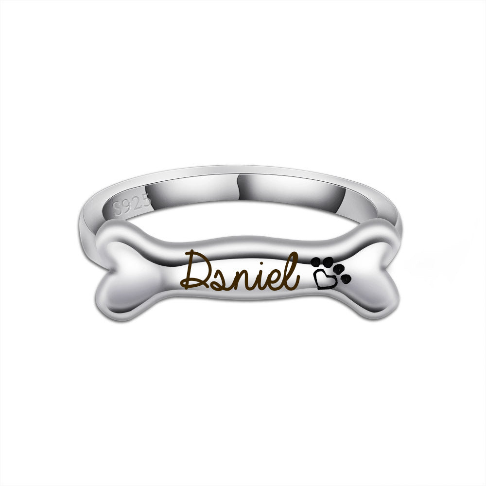 925 Sterling Silver Name Engraved Ear & Bone Shaped Pet Ring