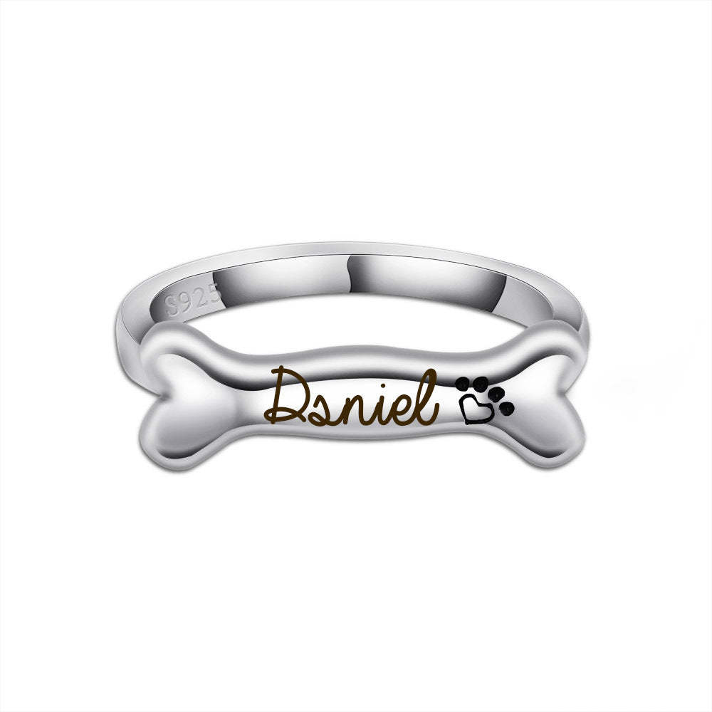 925 Sterling Silver Name Engraved Ear & Bone Shaped Pet Ring