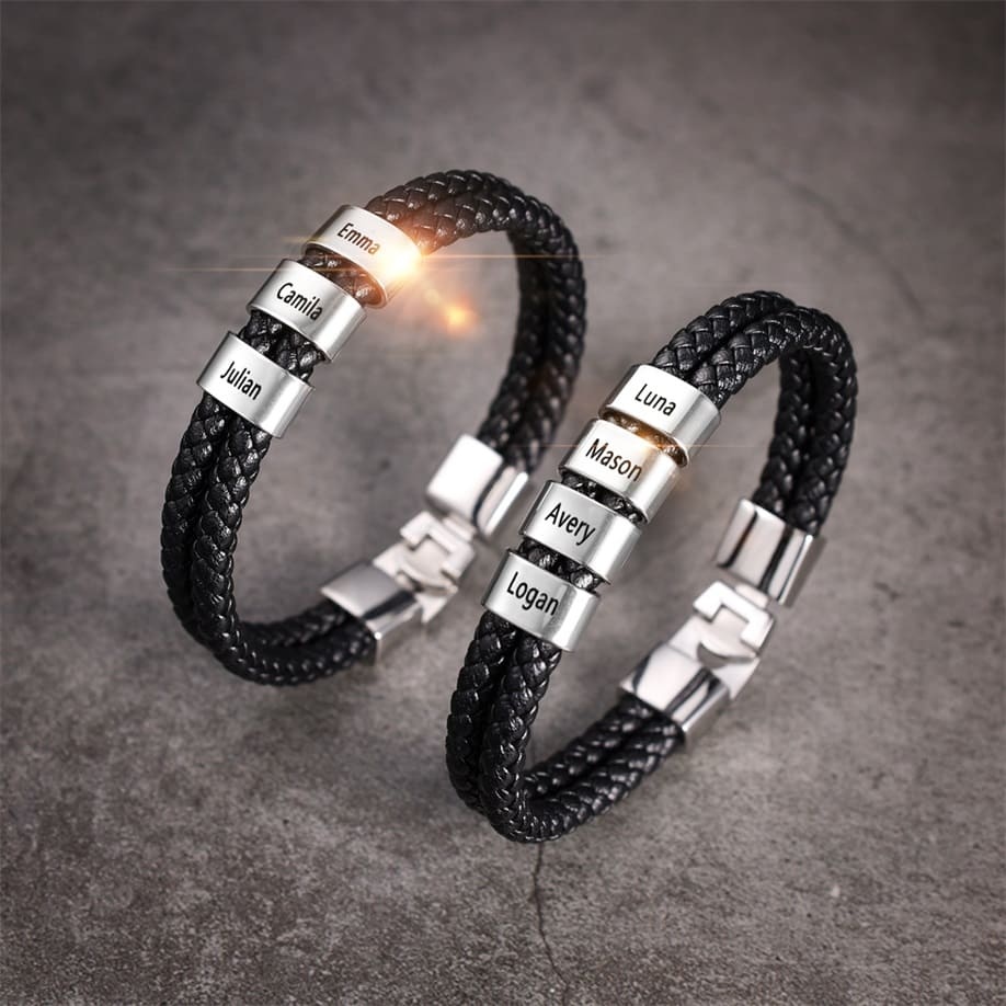 Men Leather Bracelet with Engraved Beads Custom Two Layers Bracelet