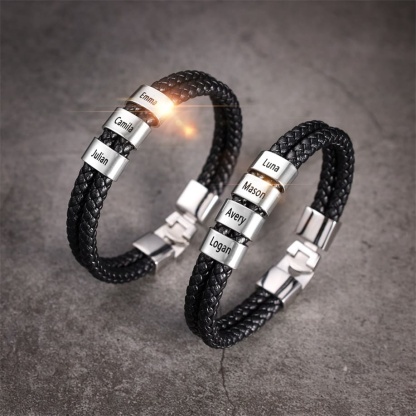 Men Leather Bracelet with Engraved Beads Custom Two Layers Bracelet