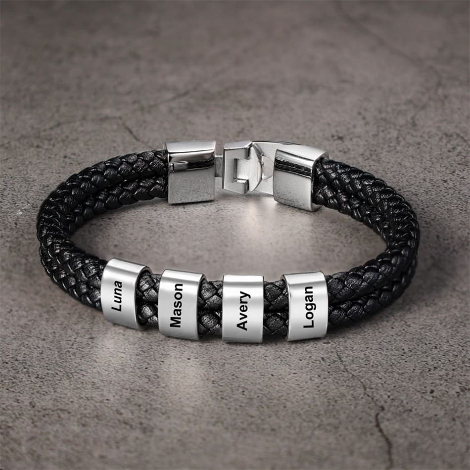 Men Leather Bracelet with Engraved Beads Custom Two Layers Bracelet