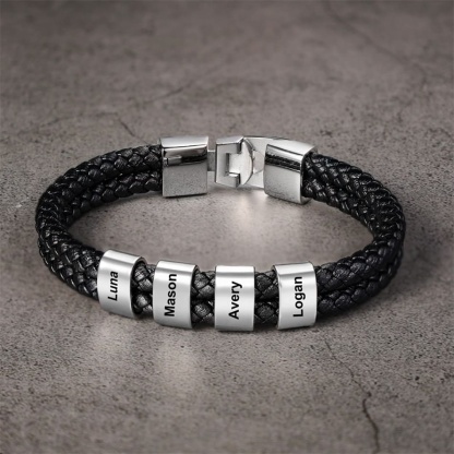 Men Leather Bracelet with Engraved Beads Custom Two Layers Bracelet