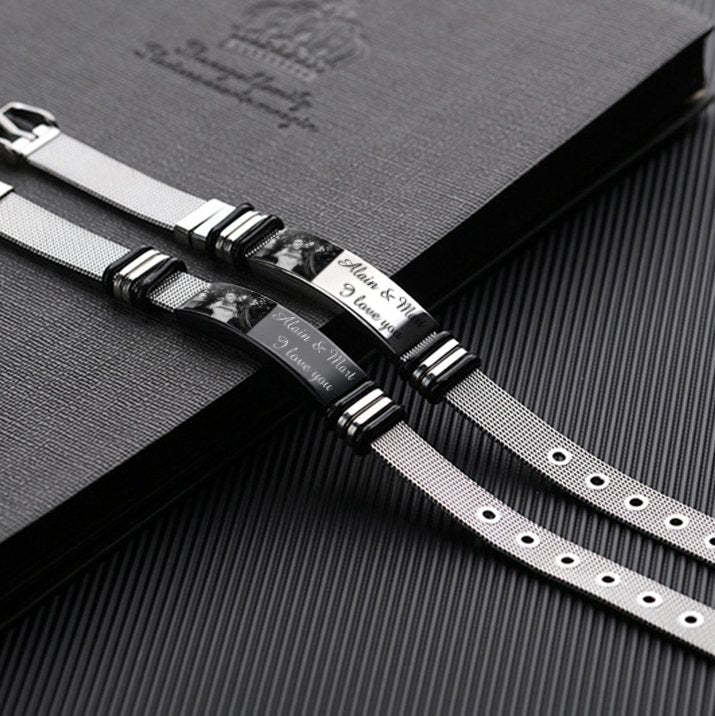 Christmas Gift Personalized Men Photo Bracelet Engraved ID Bar Bracelet