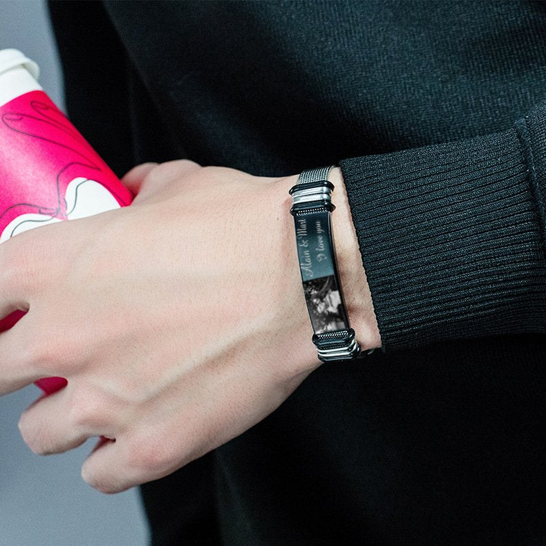 Christmas Gift Personalized Men Photo Bracelet Engraved ID Bar Bracelet