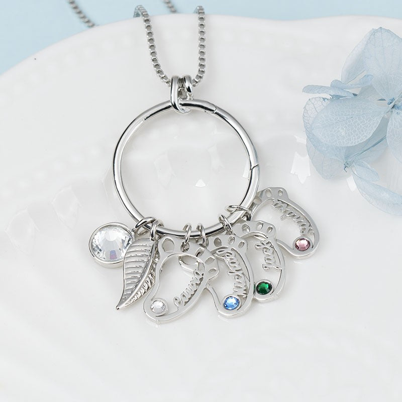 Mother's Day Gift Personalized Circle Hollow Baby Feet Shape Pendants with Birthstones