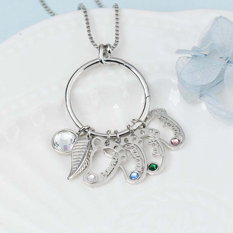 Mother's Day Gift Personalized Circle Hollow Baby Feet Shape Pendants with Birthstones