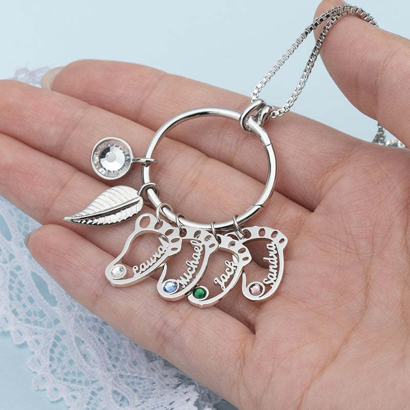 Christmas Gift Personalized Circle Hollow Baby Feet Shape Pendants with Birthstones