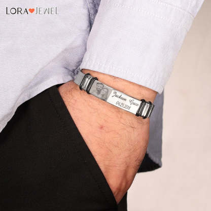 Christmas Gift Personalized Men Photo Bracelet Engraved ID Bar Bracelet