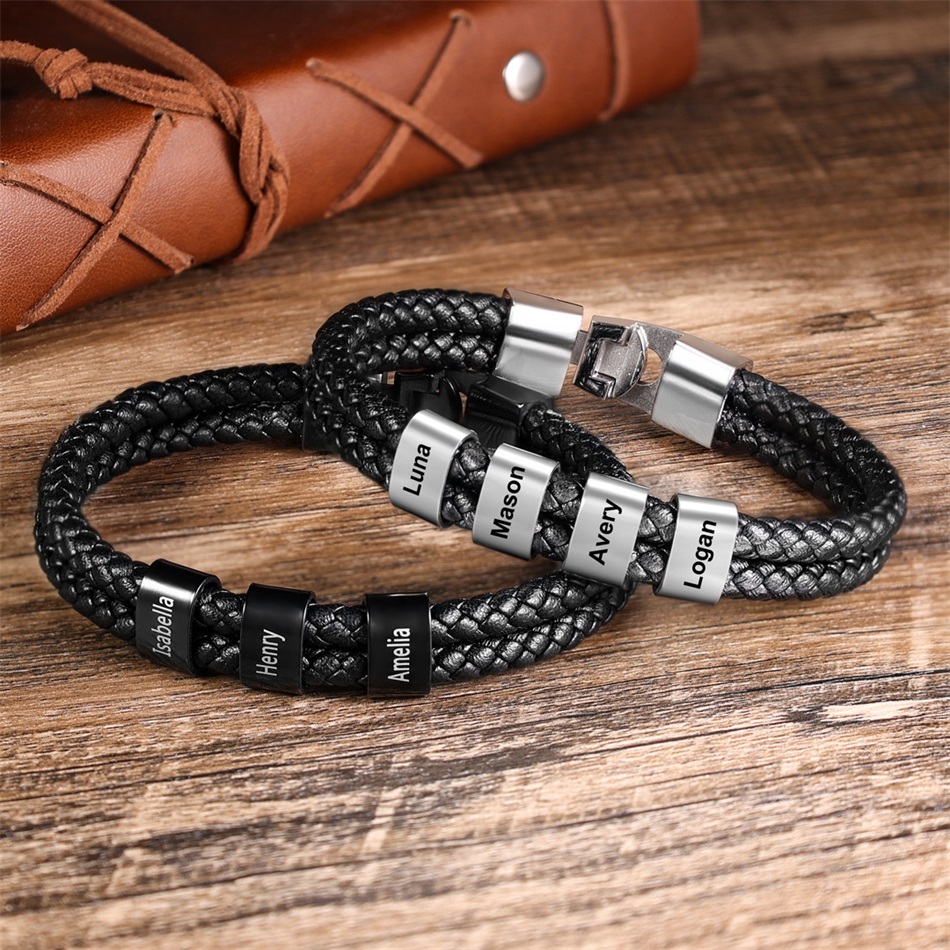 Men Leather Bracelet with Engraved Beads Custom Two Layers Bracelet Black