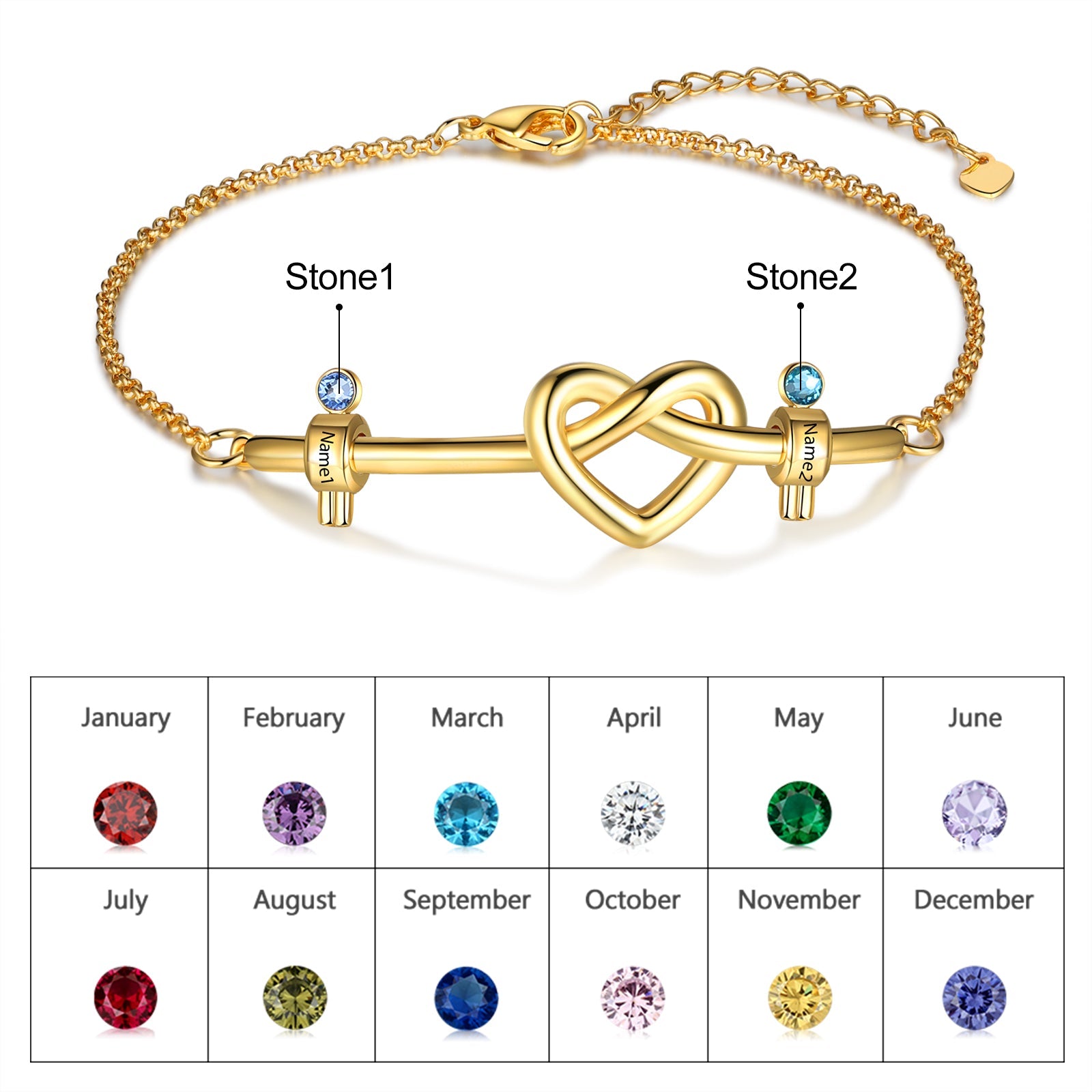 Mother's Day Personalized Heart Bracelet with 2 Birthstones Bead Bracelet for Her-Engravingift