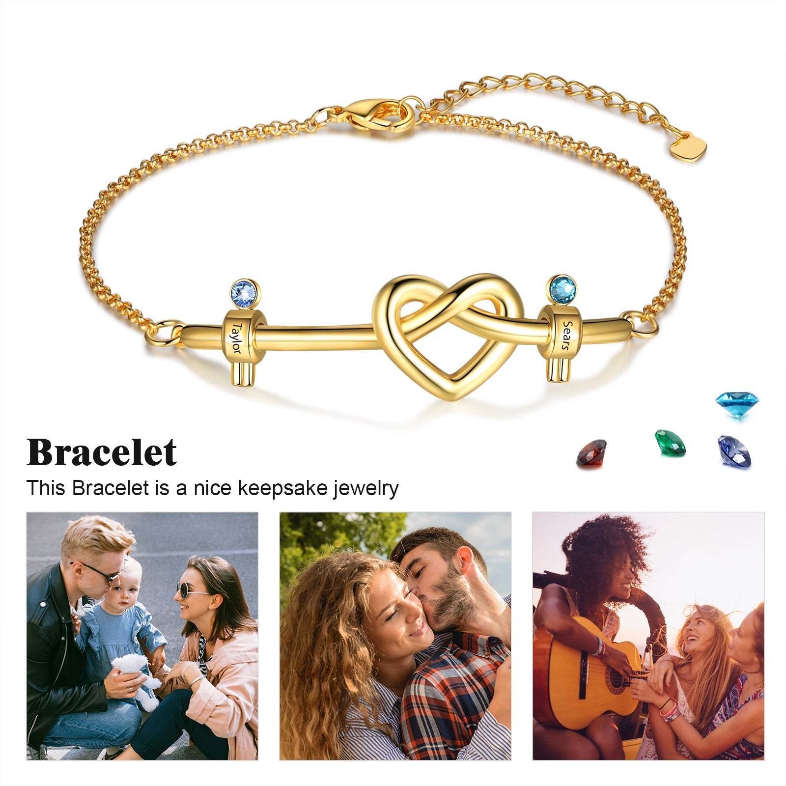 Mother's Day Personalized Heart Bracelet with 2 Birthstones Bead Bracelet for Her-Engravingift