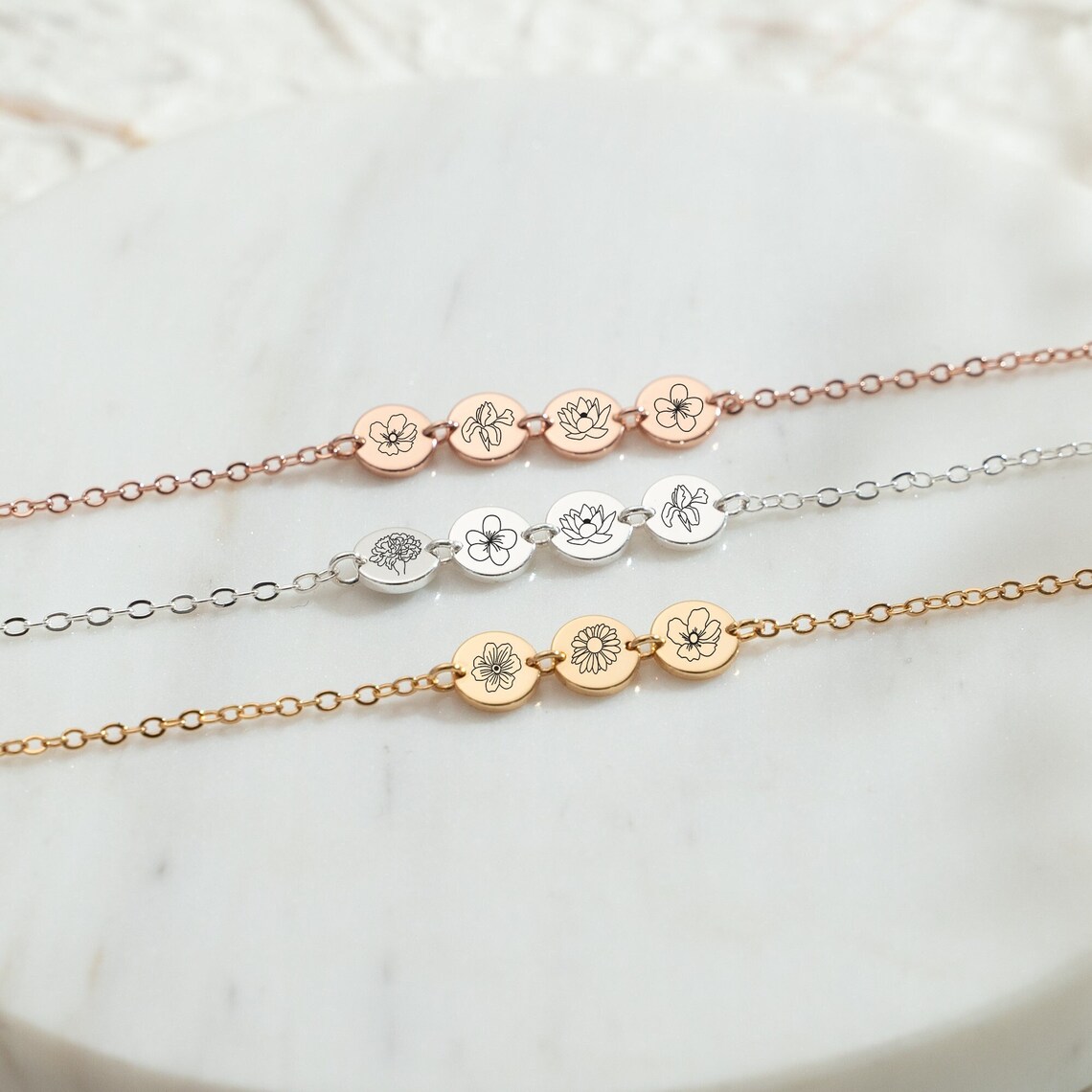 Mom's Gift Birth Flower Bracelet - No Rain No Flowers - Let Her Heart Swell With Pride.