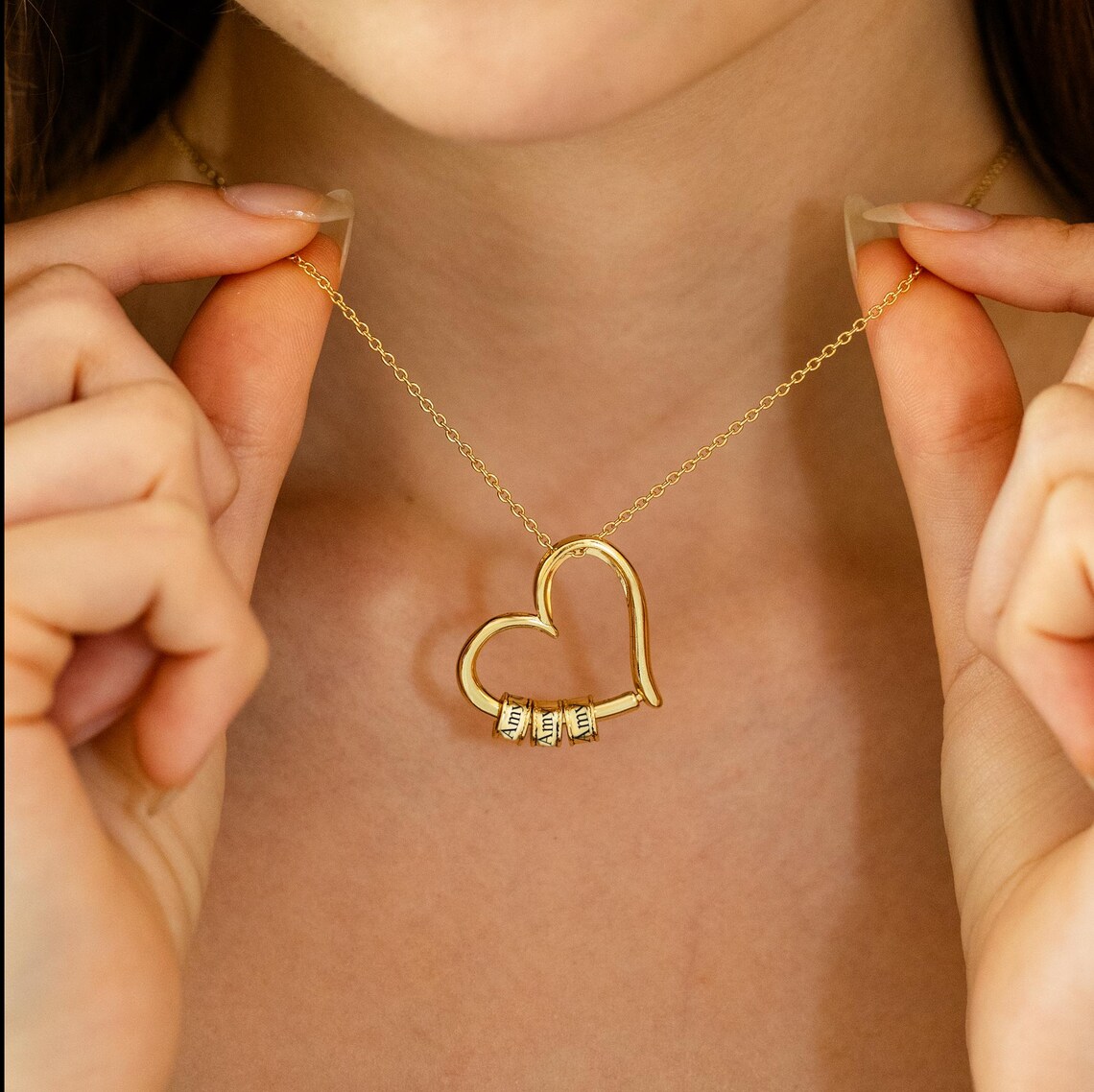 Love Heart Pendant Necklace With Custom Name Beads