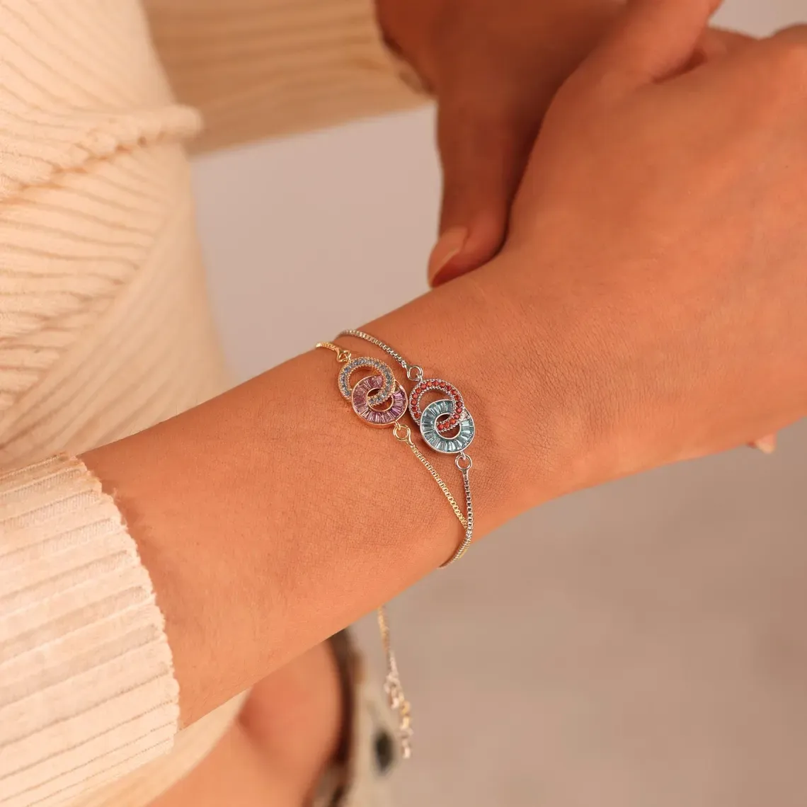 Mother & Daughter Birthstone Unbreakable Bond Linking Circles Bracelet