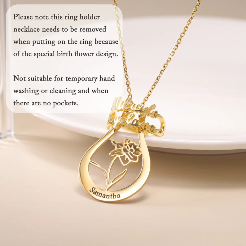 Mom's Gift Personalized Birth Flower Name Ring-Holder Necklace