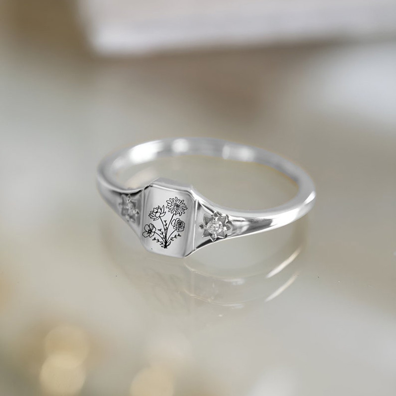 Birth Flower Customized Family Memorial Diamond Ring