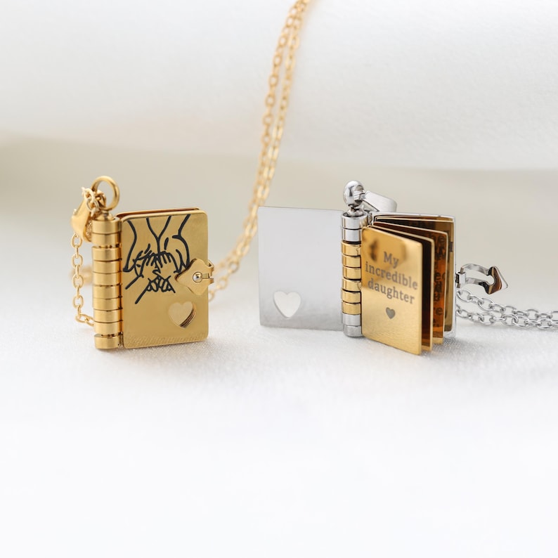 My Daughter Book Necklace – Custom Name Locket with Hand-Drawn Cover, Mini Message Pendant Gift of Love & Encouragement