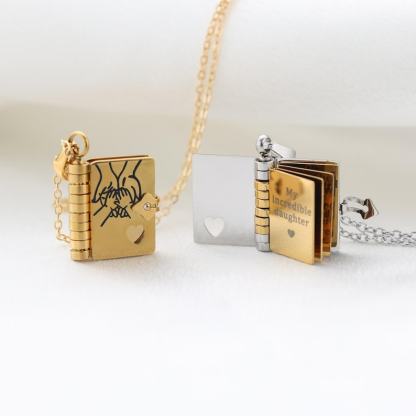 My Daughter Book Necklace – Custom Name Locket with Hand-Drawn Cover, Mini Message Pendant Gift of Love & Encouragement