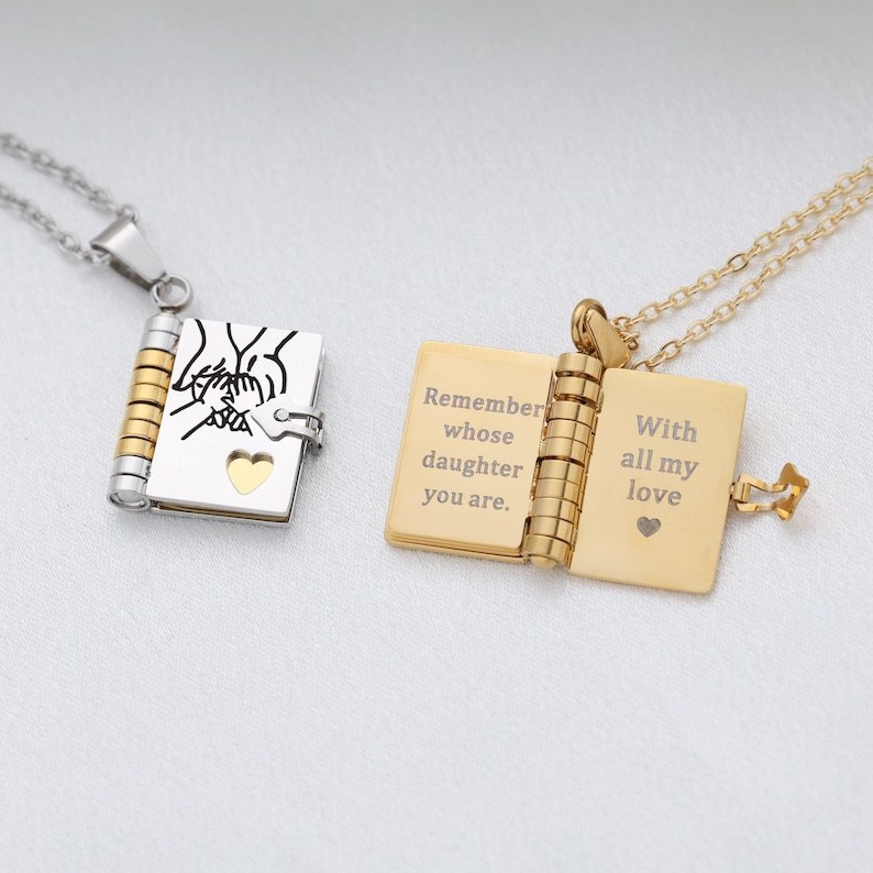 My Daughter Book Necklace – Custom Name Locket with Hand-Drawn Cover, Mini Message Pendant Gift of Love & Encouragement