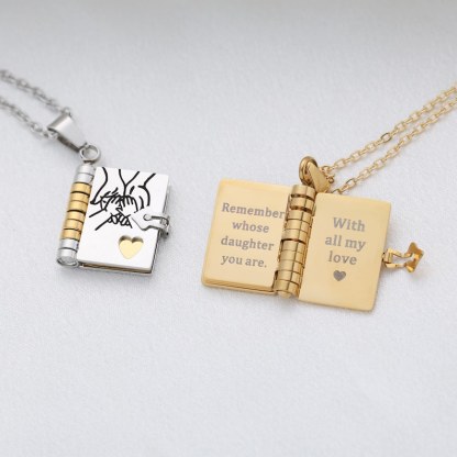 My Daughter Book Necklace – Custom Name Locket with Hand-Drawn Cover, Mini Message Pendant Gift of Love & Encouragement