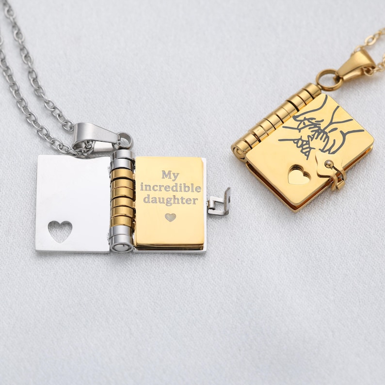 My Daughter Book Necklace – Custom Name Locket with Hand-Drawn Cover, Mini Message Pendant Gift of Love & Encouragement