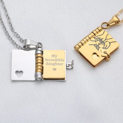 My Daughter Book Necklace – Custom Name Locket with Hand-Drawn Cover, Mini Message Pendant Gift of Love & Encouragement