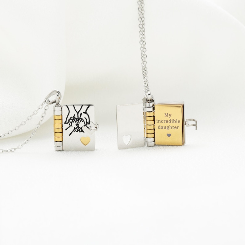 My Daughter Book Necklace – Custom Name Locket with Hand-Drawn Cover, Mini Message Pendant Gift of Love & Encouragement