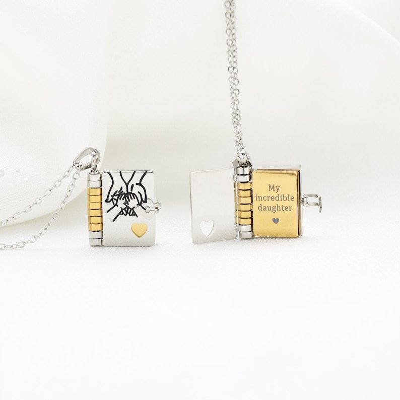 My Daughter Book Necklace – Custom Name Locket with Hand-Drawn Cover, Mini Message Pendant Gift of Love & Encouragement
