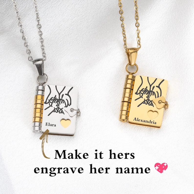 My Daughter Book Necklace – Custom Name Locket with Hand-Drawn Cover, Mini Message Pendant Gift of Love & Encouragement